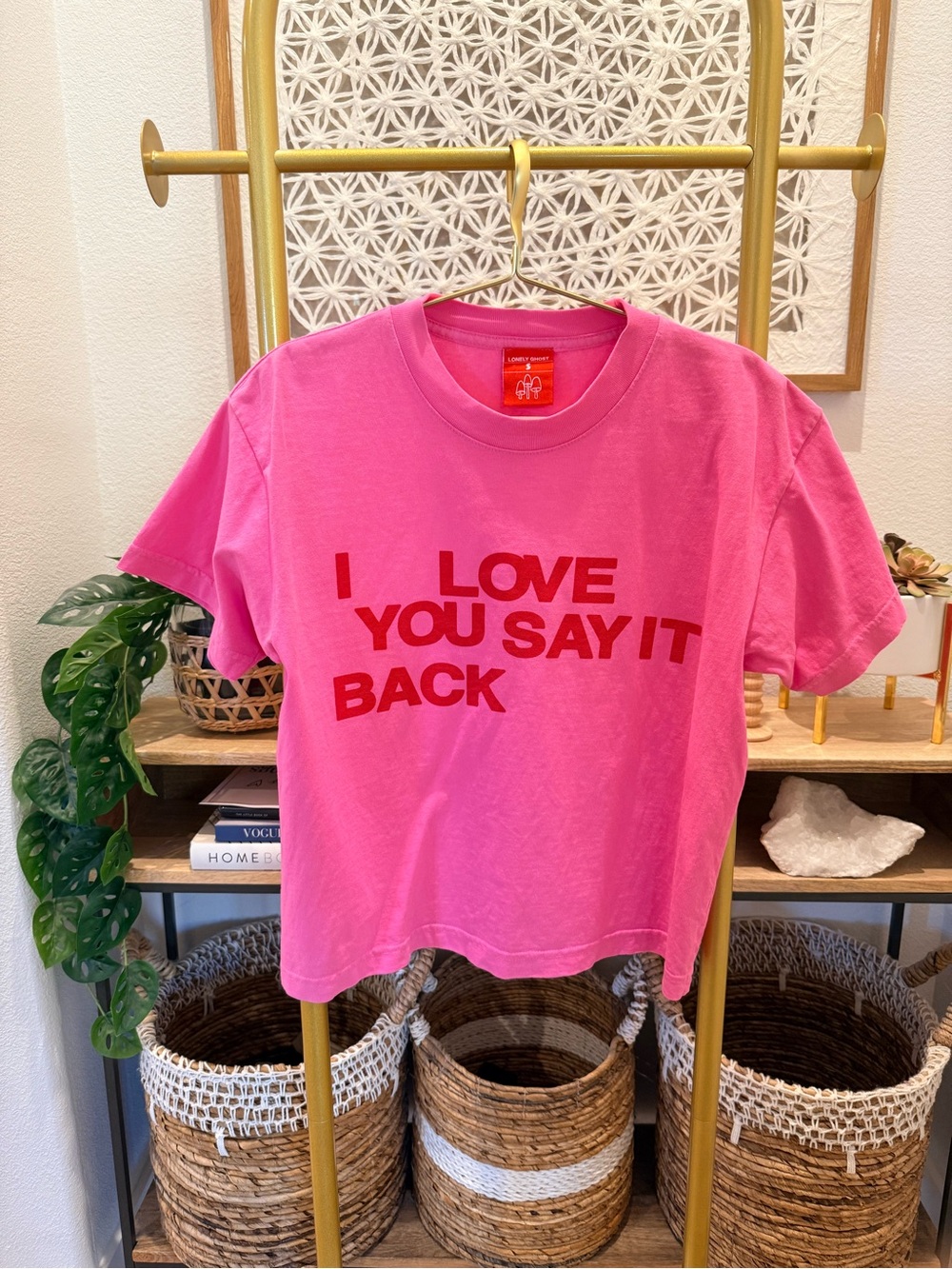LONELY GHOST Pink Tee with Red Text